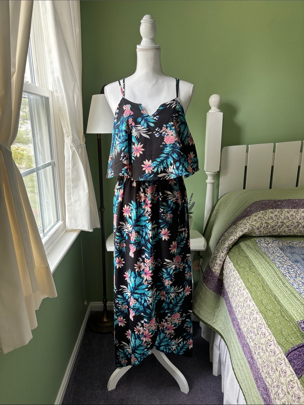 Black Maxi Dress with Teal and Pink Floral Print